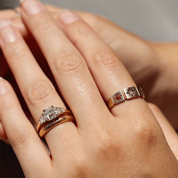 Vintage Three Stone Yellow Gold Round Cut Ruby & White Sapphire Half Eternity Wedding Band For Women