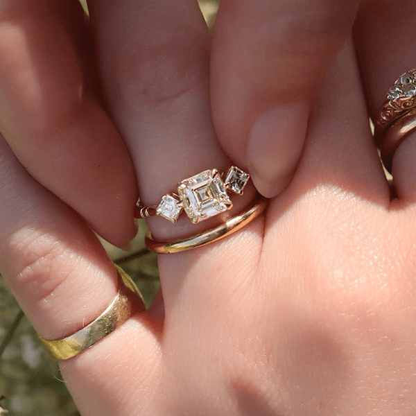 Three Stone Yellow Gold Asscher Cut White Sapphire Engagement Ring