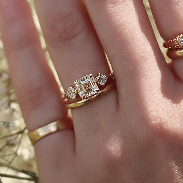 Three Stone Yellow Gold Asscher Cut White Sapphire Engagement Ring