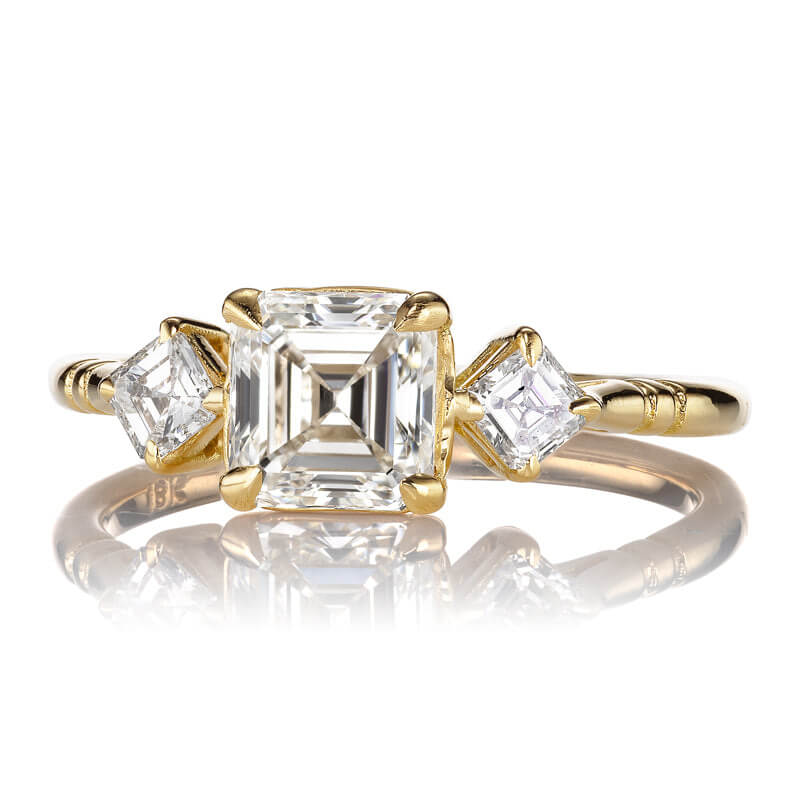 Three Stone Yellow Gold Asscher Cut White Sapphire Engagement Ring