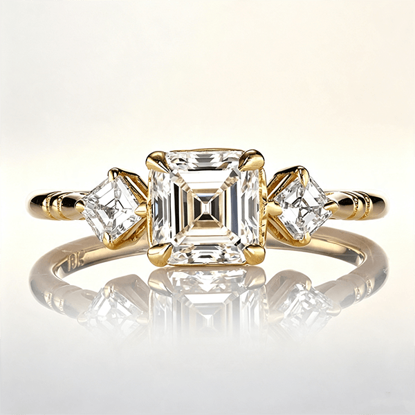 Three Stone Yellow Gold Asscher Cut White Sapphire Engagement Ring
