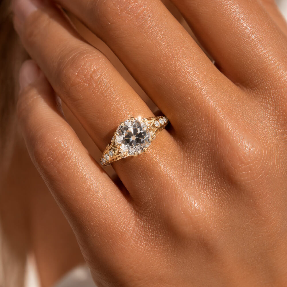 Vintage Yellow Gold Cushion Cut White Sapphire Engagement Ring