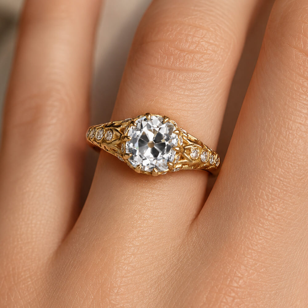 Vintage Yellow Gold Cushion Cut White Sapphire Engagement Ring