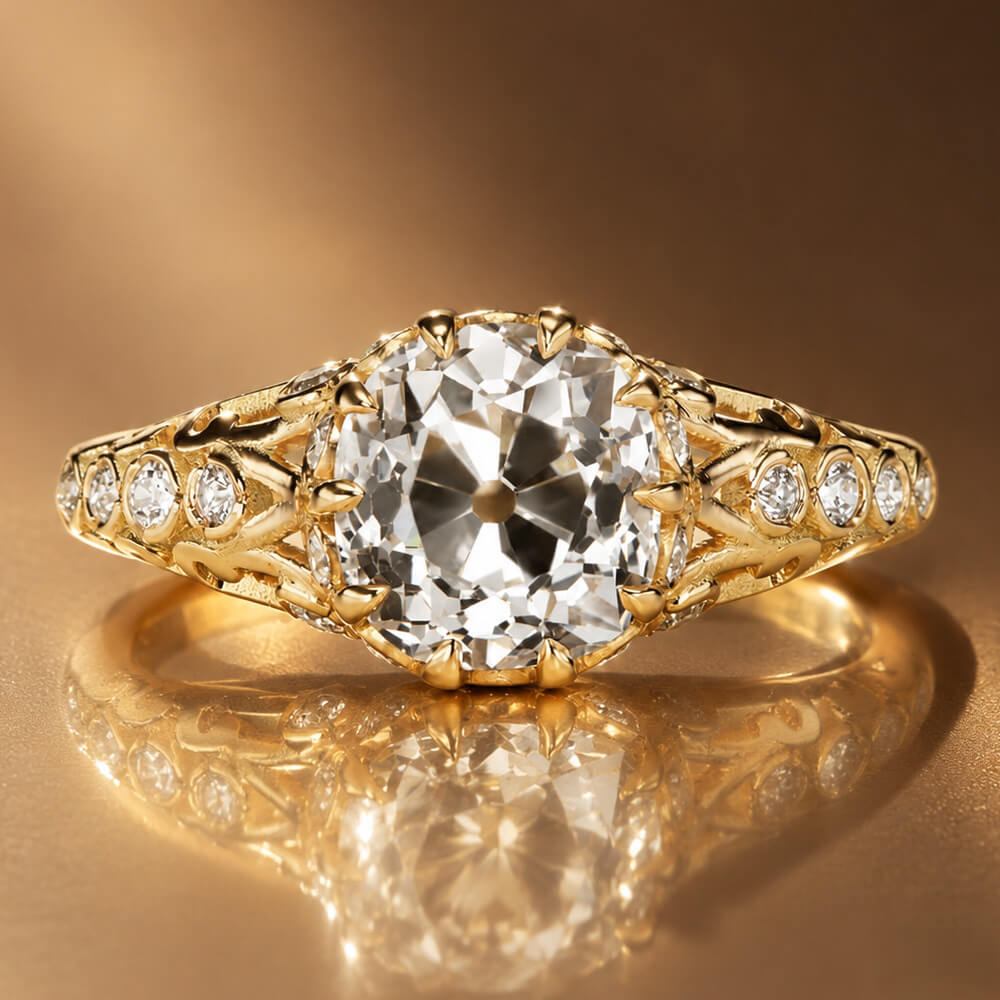 Vintage Yellow Gold Cushion Cut White Sapphire Engagement Ring