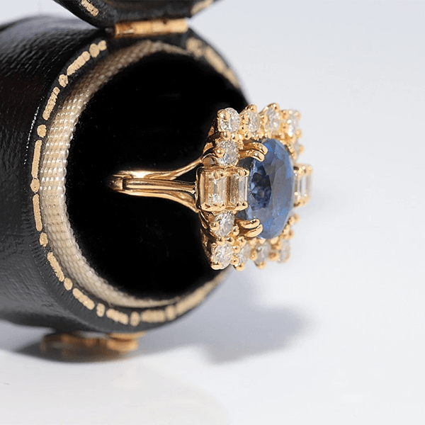 Vintage Halo Yellow Gold Oval Cut Blue Sapphire Engagement Ring