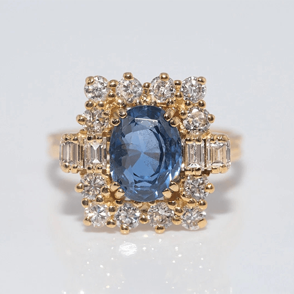 Vintage Halo Yellow Gold Oval Cut Blue Sapphire Engagement Ring