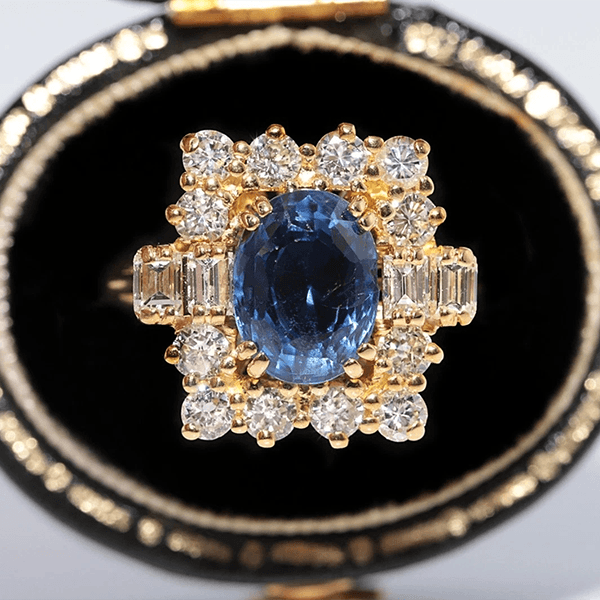 Vintage Halo Yellow Gold Oval Cut Blue Sapphire Engagement Ring