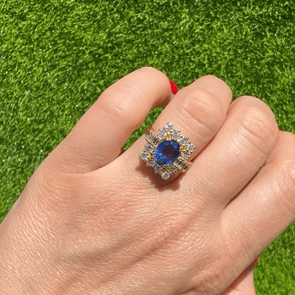 Vintage Halo Yellow Gold Oval Cut Blue Sapphire Engagement Ring