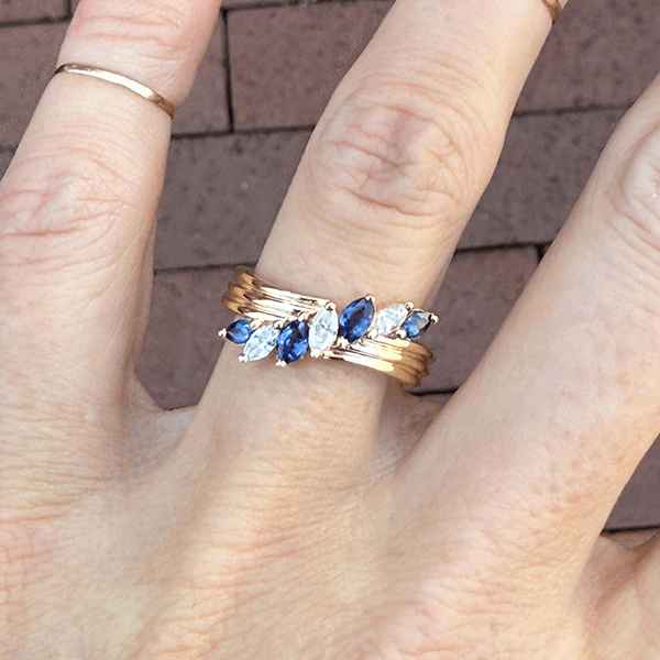 Unique Design Yellow Gold Marquise Cut Blue & White Half Eternity Wedding Band For Women