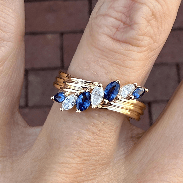 Unique Design Yellow Gold Marquise Cut Blue & White Half Eternity Wedding Band For Women
