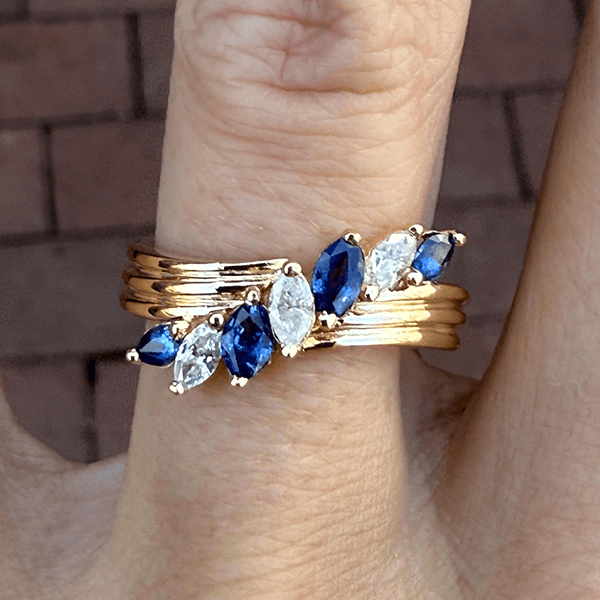 Unique Design Yellow Gold Marquise Cut Blue & White Half Eternity Wedding Band For Women