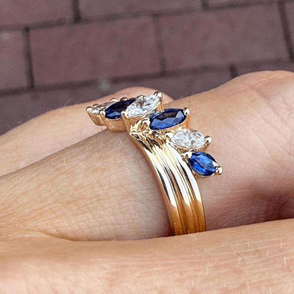 Unique Design Yellow Gold Marquise Cut Blue & White Half Eternity Wedding Band For Women