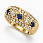 Vintage Yellow Gold Round Cut Blue & White Sapphire Wide Band Half Eternity Wedding Band