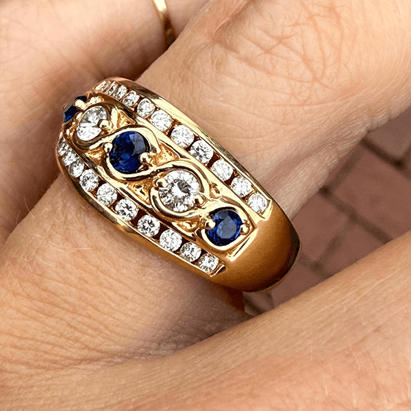 Vintage Yellow Gold Round Cut Blue & White Sapphire Wide Band Half Eternity Wedding Band