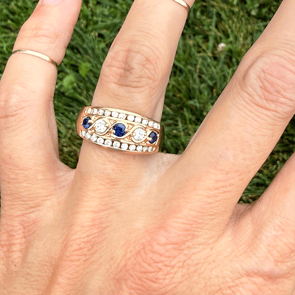 Vintage Yellow Gold Round Cut Blue & White Sapphire Wide Band Half Eternity Wedding Band