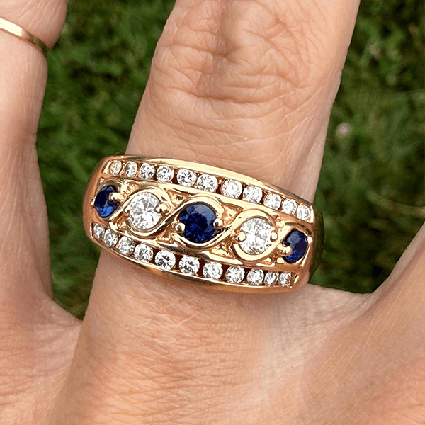 Vintage Yellow Gold Round Cut Blue & White Sapphire Wide Band Half Eternity Wedding Band
