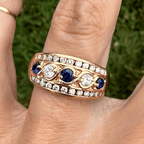 Vintage Yellow Gold Round Cut Blue & White Sapphire Wide Band Half Eternity Wedding Band