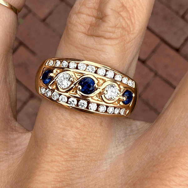 Vintage Yellow Gold Round Cut Blue & White Sapphire Wide Band Half Eternity Wedding Band