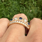 Vintage Yellow Gold Round Cut Blue & White Sapphire Wide Band Half Eternity Wedding Band