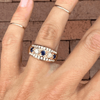 Vintage Yellow Gold Round Cut Blue & White Sapphire Wide Band Half Eternity Wedding Band