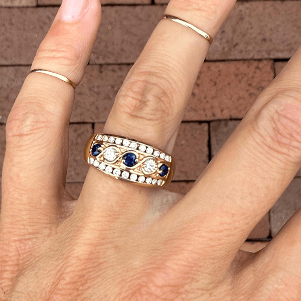 Vintage Yellow Gold Round Cut Blue & White Sapphire Wide Band Half Eternity Wedding Band