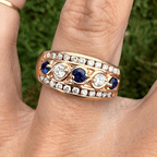 Vintage Yellow Gold Round Cut Blue & White Sapphire Wide Band Half Eternity Wedding Band