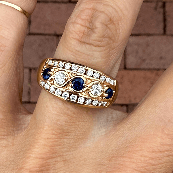 Vintage Yellow Gold Round Cut Blue & White Sapphire Wide Band Half Eternity Wedding Band