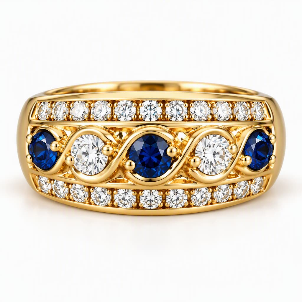 Vintage Yellow Gold Round Cut Blue & White Sapphire Wide Band Half Eternity Wedding Band