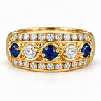Vintage Yellow Gold Round Cut Blue & White Sapphire Wide Band Half Eternity Wedding Band