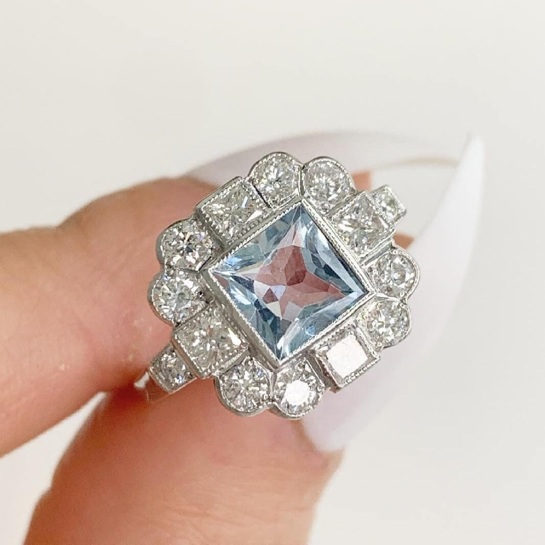 Art Deco Halo Asscher Cut Aquamarine Sapphire Engagement Ring