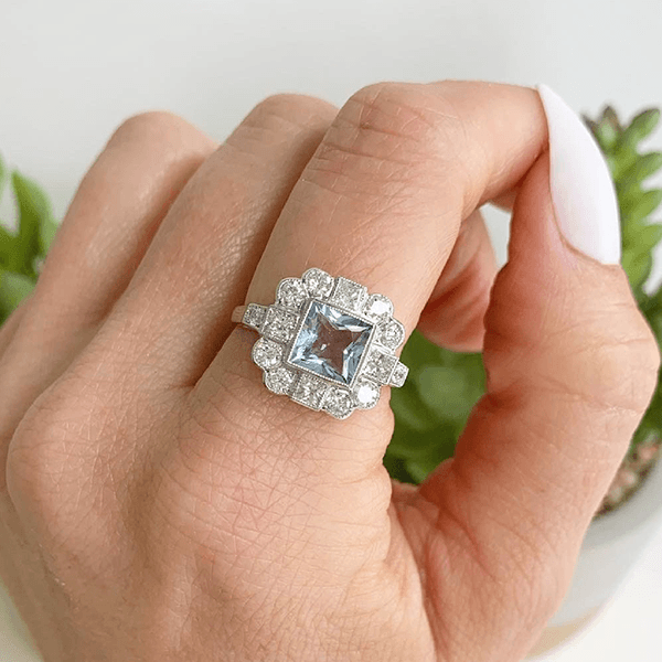 Art Deco Halo Asscher Cut Aquamarine Sapphire Engagement Ring