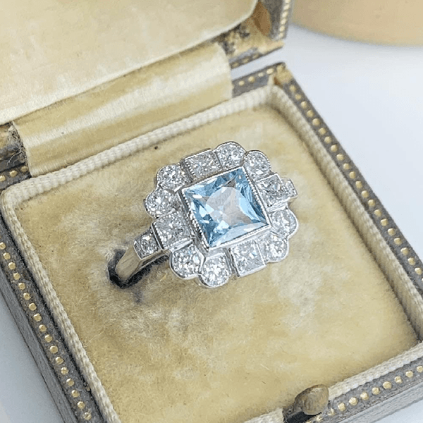 Art Deco Halo Asscher Cut Aquamarine Sapphire Engagement Ring