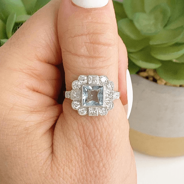 Art Deco Halo Asscher Cut Aquamarine Sapphire Engagement Ring