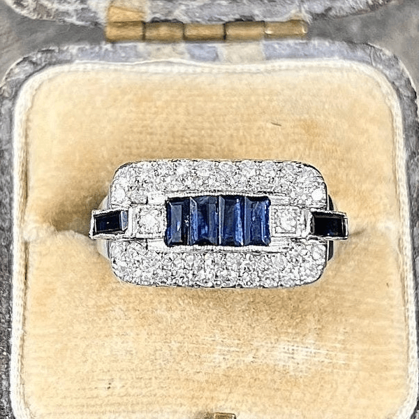 Vintage Art Deco Halo Baguette Cut Blue & White Sapphire Cocktail Ring For Women