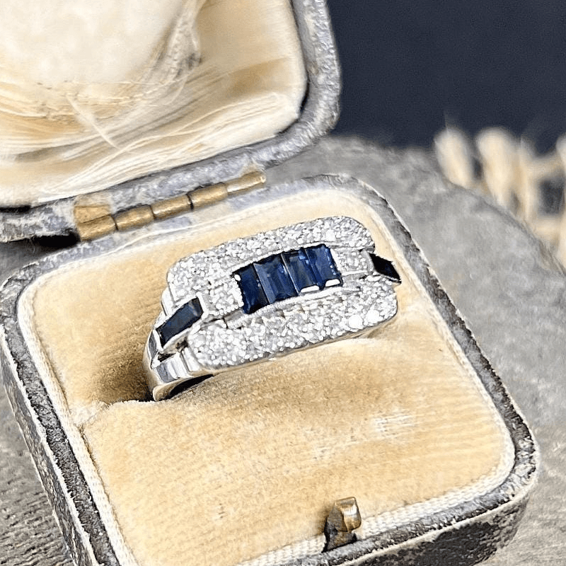 Vintage Art Deco Halo Baguette Cut Blue & White Sapphire Cocktail Ring For Women