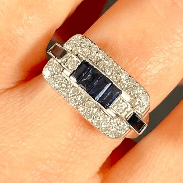 Vintage Art Deco Halo Baguette Cut Blue & White Sapphire Cocktail Ring For Women