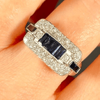 Vintage Art Deco Halo Baguette Cut Blue & White Sapphire Cocktail Ring For Women
