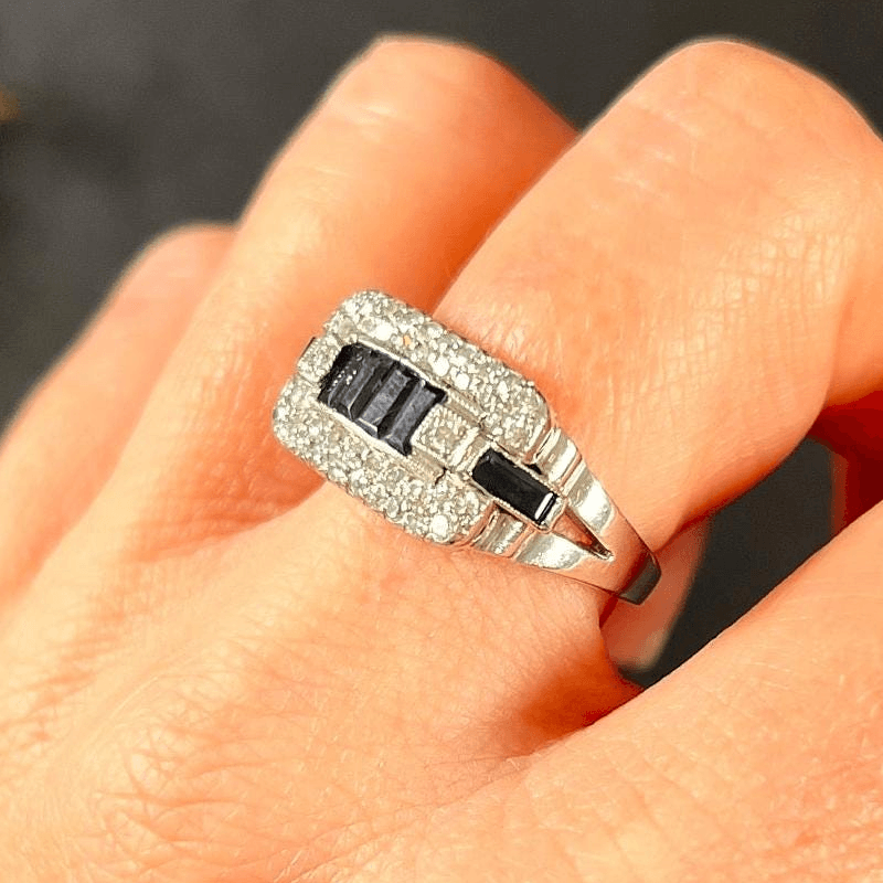 Vintage Art Deco Halo Baguette Cut Blue & White Sapphire Cocktail Ring For Women
