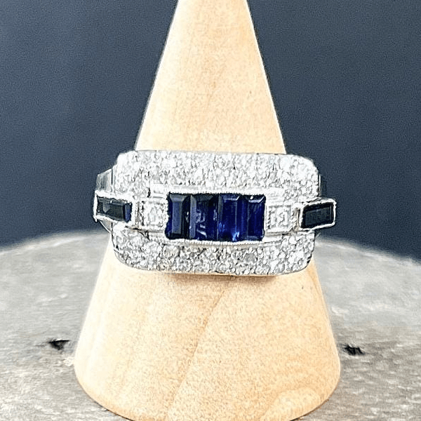 Vintage Art Deco Halo Baguette Cut Blue & White Sapphire Cocktail Ring For Women