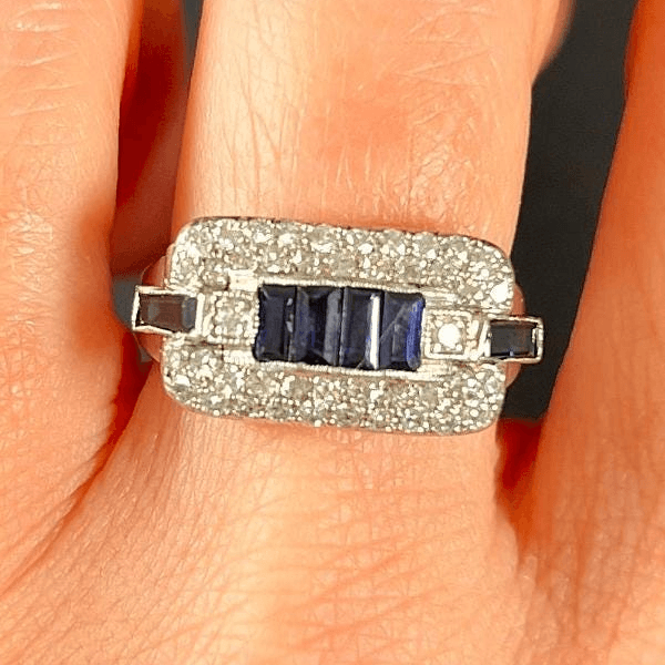 Vintage Art Deco Halo Baguette Cut Blue & White Sapphire Cocktail Ring For Women