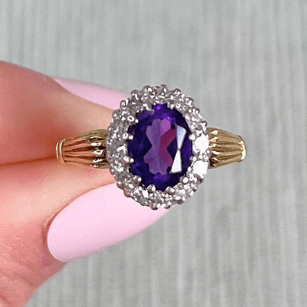 Vintage Halo Two Tone Oval Cut Amethyst Sapphire Engagement Ring