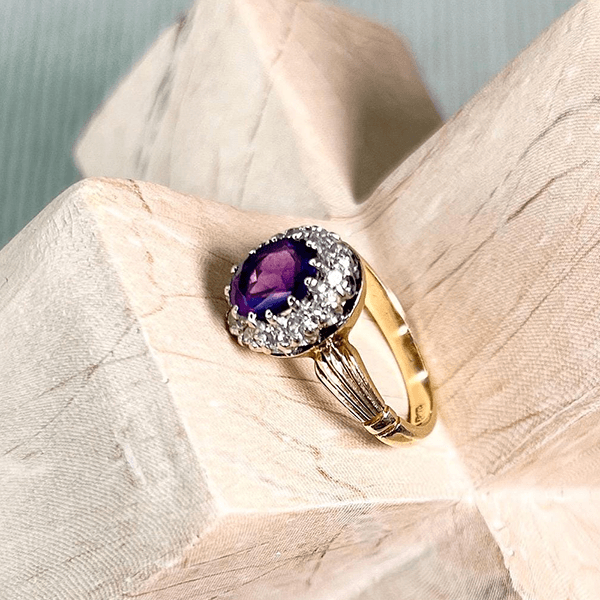 Vintage Halo Two Tone Oval Cut Amethyst Sapphire Engagement Ring