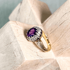 Vintage Halo Two Tone Oval Cut Amethyst Sapphire Engagement Ring