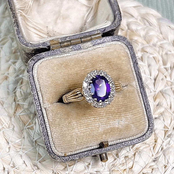 Vintage Halo Two Tone Oval Cut Amethyst Sapphire Engagement Ring