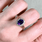 Vintage Halo Two Tone Oval Cut Amethyst Sapphire Engagement Ring