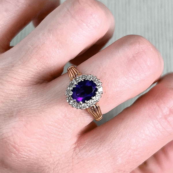 Vintage Halo Two Tone Oval Cut Amethyst Sapphire Engagement Ring