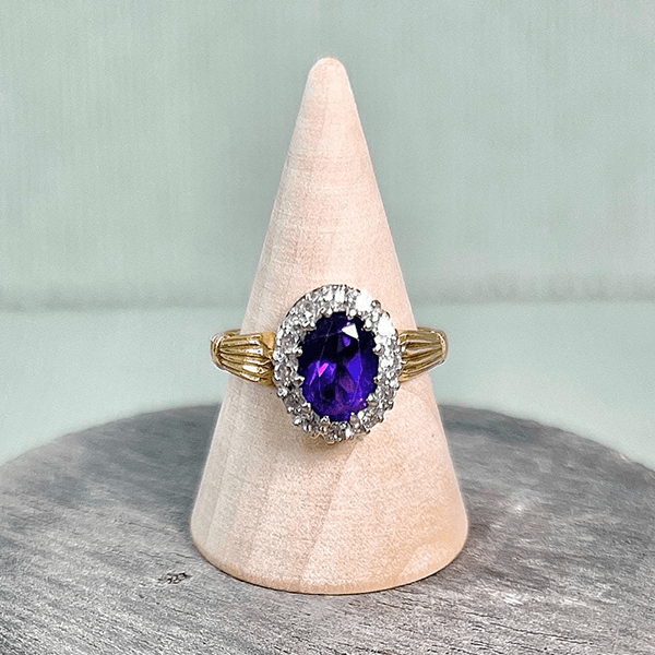Vintage Halo Two Tone Oval Cut Amethyst Sapphire Engagement Ring