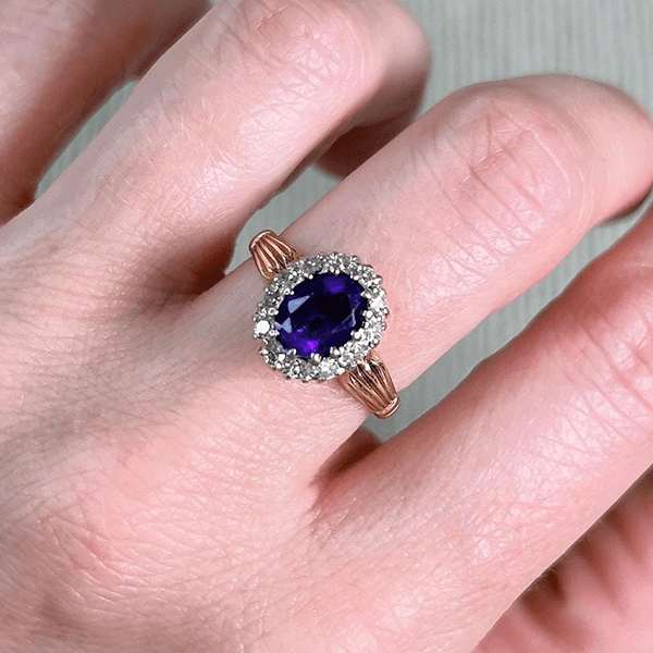 Vintage Halo Two Tone Oval Cut Amethyst Sapphire Engagement Ring