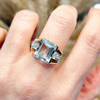 Vintage Yellow Gold Emerald Cut Aquamarine Sapphire Engagement Ring