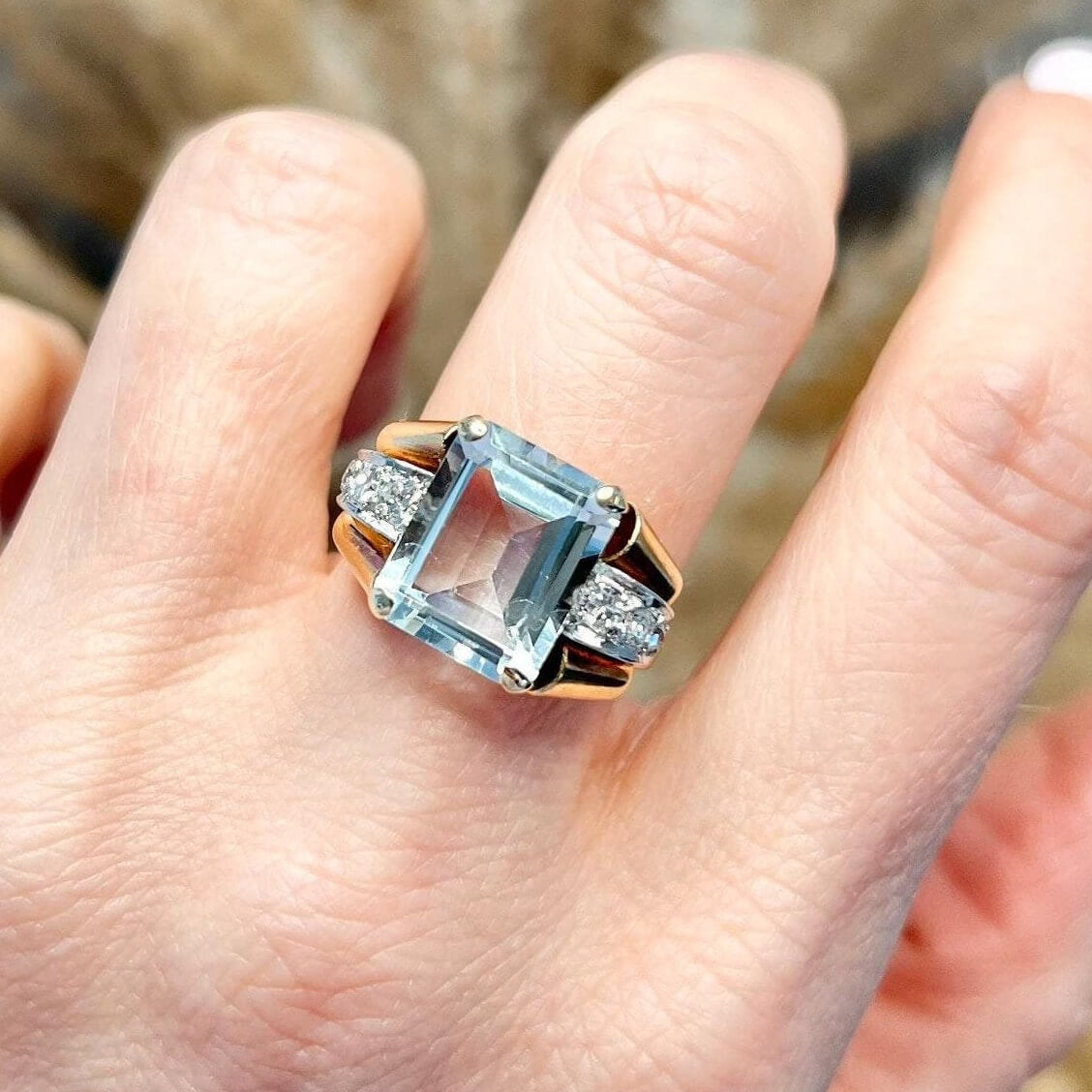 Vintage Yellow Gold Emerald Cut Aquamarine Sapphire Engagement Ring